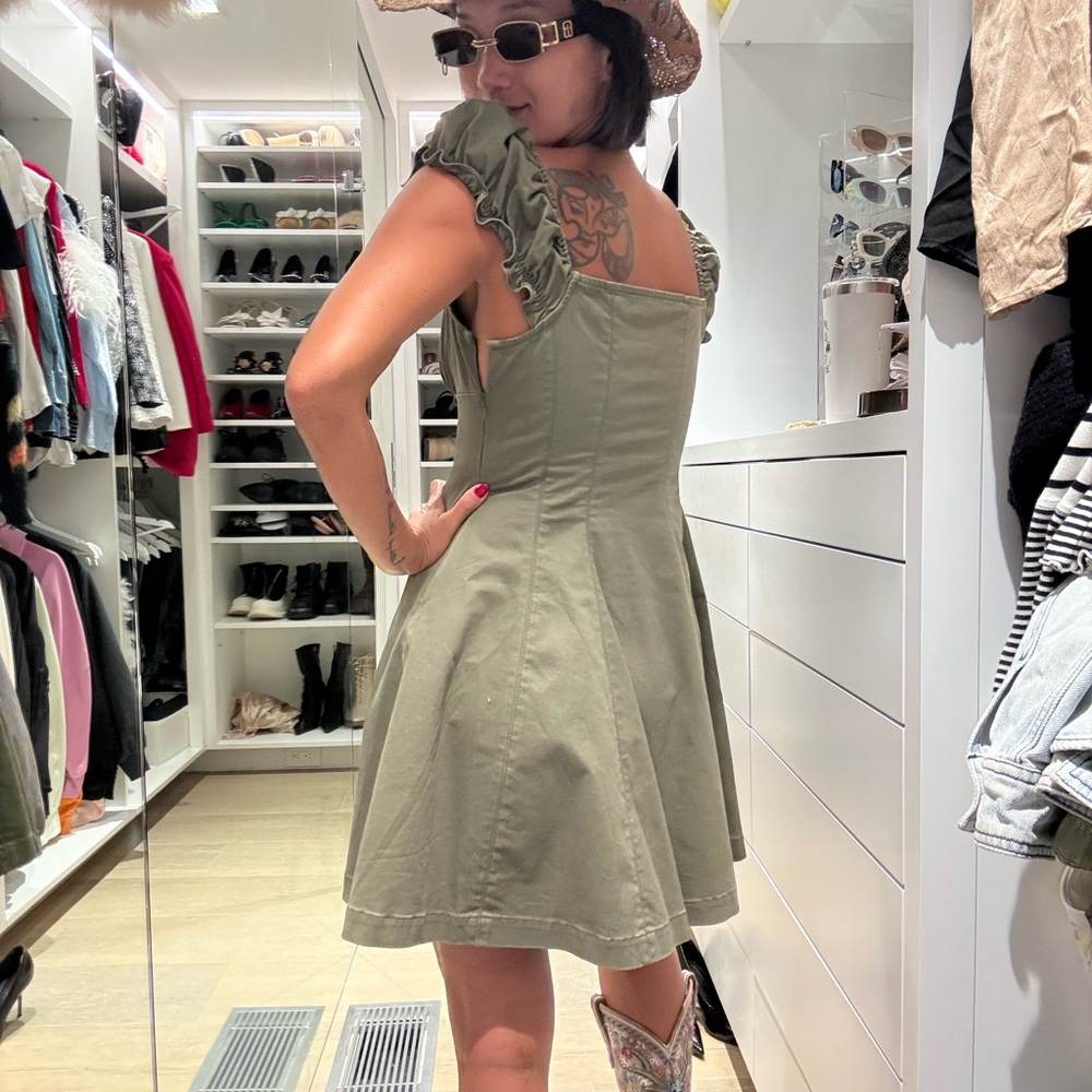 Olive Green Puff Sleeve Mini Dress Corset Style - Picture 4 of 6